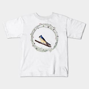 Tufted Titmouse with whimsical wreath Kids T-Shirt